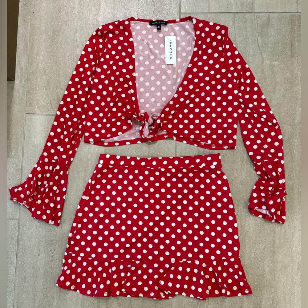 Pacsun Kendall + Kylie Sz MED Red Polka Dot Mini-skirt Cropped Tie-Top Set